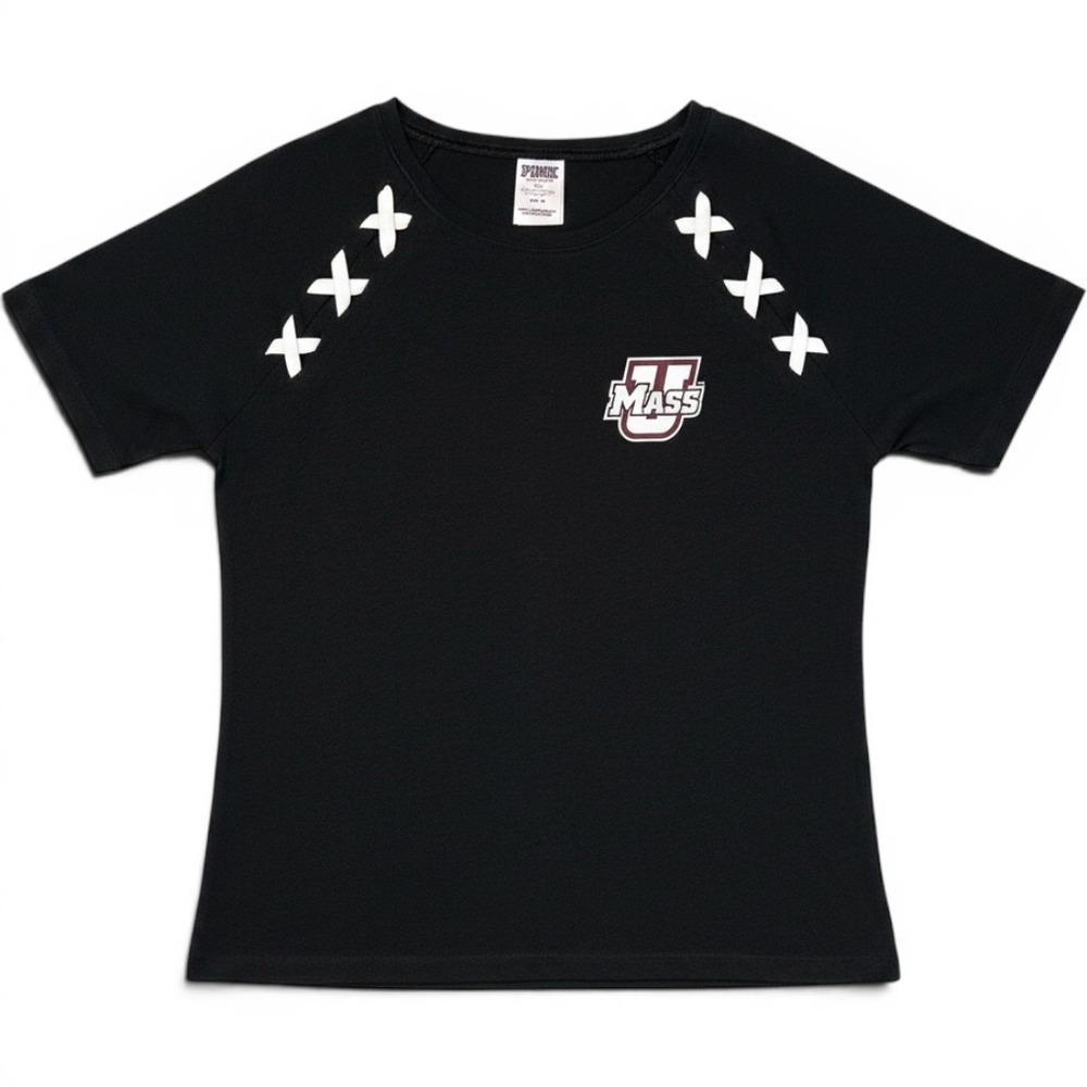Victoria's Secret PINK UMass Lace Up Shoulder Tee Small Black Game Day